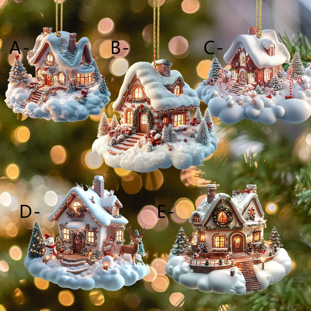 Christmas Acrylic Ornaments Castle Snow House Hanging Pendant Xmas Decoration For Home Christmas Party New Year Gift Navidad