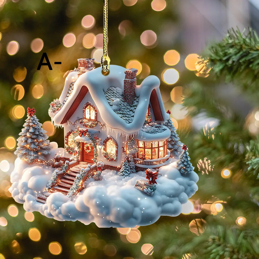 Christmas Acrylic Ornaments Castle Snow House Hanging Pendant Xmas Decoration For Home Christmas Party New Year Gift Navidad