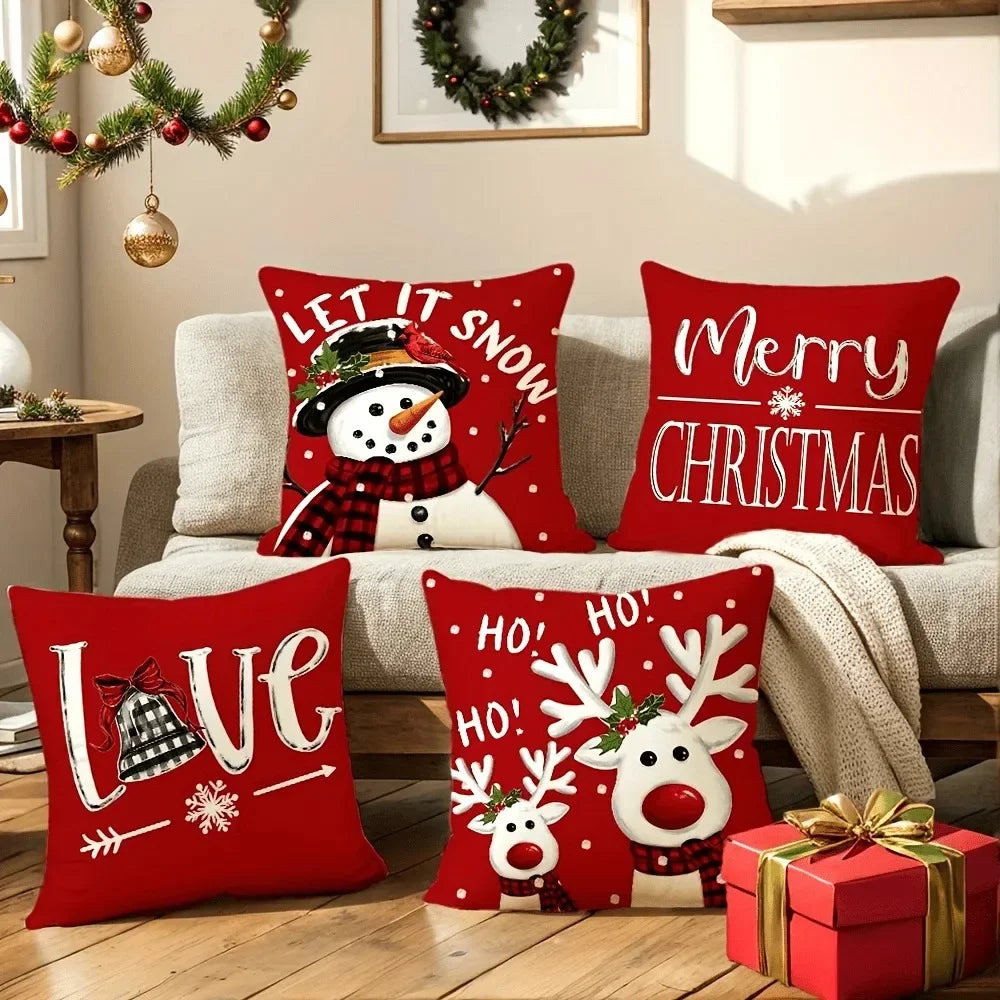 Christmas Snow Deer Red Pillowcase Snowman Reindeer Print Sofa Cushion Festival Living Room Decoration New Year Home  Decoration