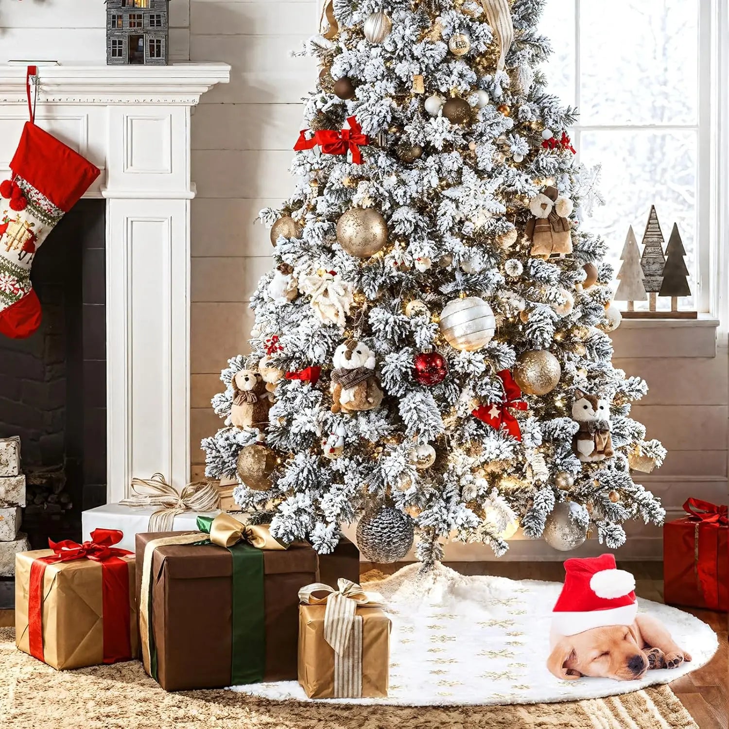 Jupe de Sapin de Noël 36 Pouces - Peluche Blanche avec Flocons Dorés Sequins