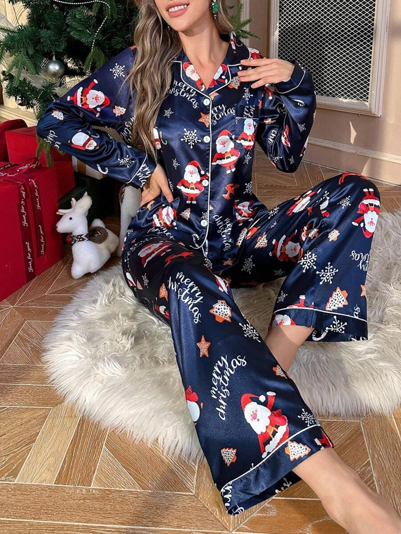 Pyjama de Noël Soyeux Femme - Ensemble 2 Pièces Col Revers avec Poche