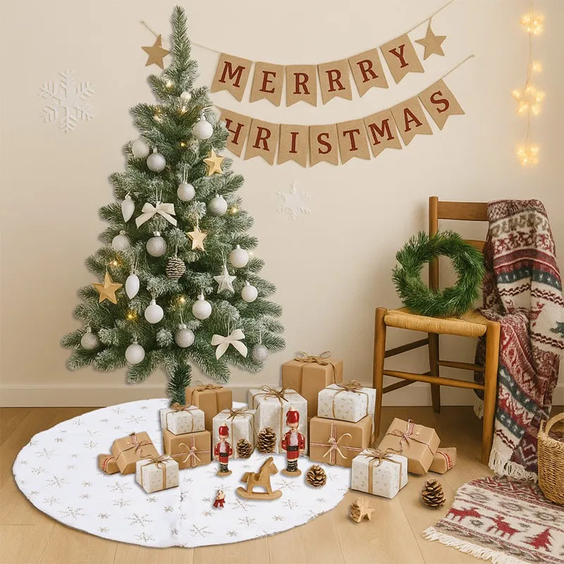 Jupe de Sapin de Noël 90cm - Flocons de Neige Blanc et Or