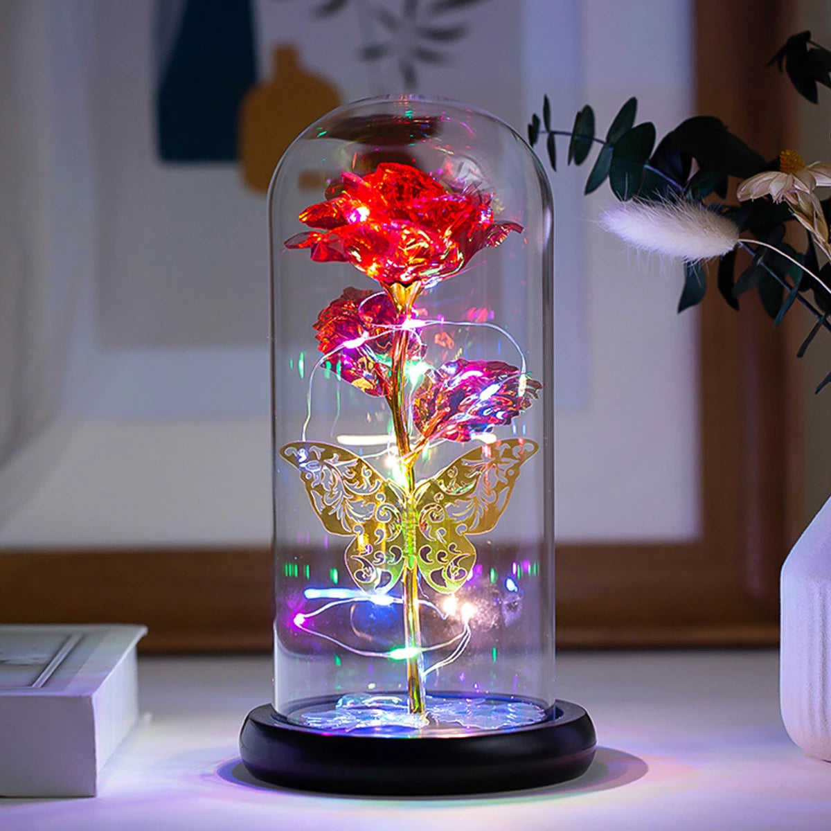 Rose Light Artificial Galaxy Rose Lamp with Butterfly and Colorful LED Rose Flowers In Glass Battery Powered Gifts for Wedding