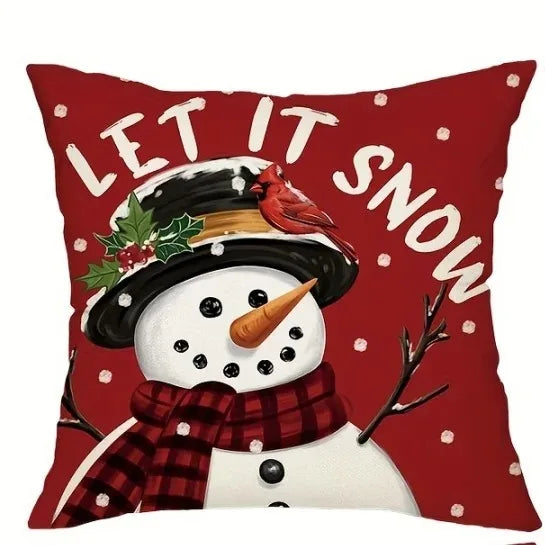Christmas Snow Deer Red Pillowcase Snowman Reindeer Print Sofa Cushion Festival Living Room Decoration New Year Home  Decoration