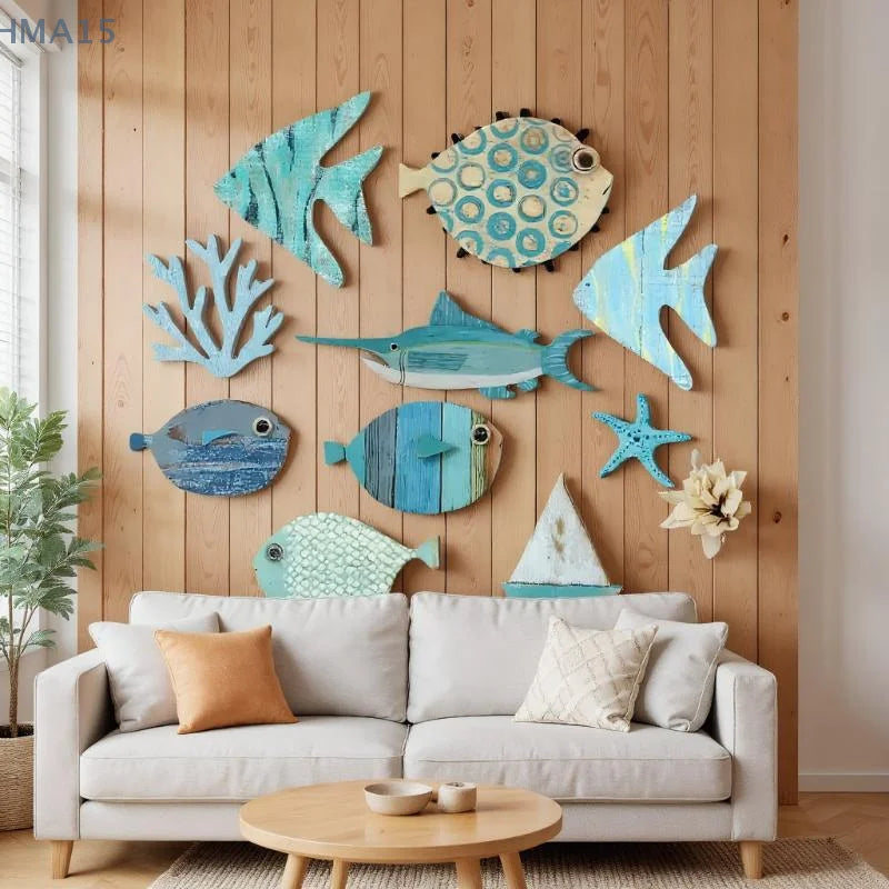 Set 10 Poissons Décoratifs en Bois - Décor Mural Thème Plage Nautique