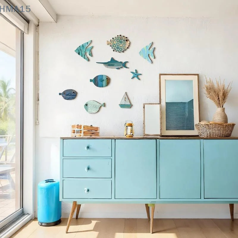 Set 10 Poissons Décoratifs en Bois - Décor Mural Thème Plage Nautique