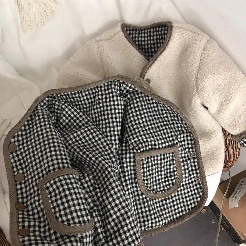 DGUKYM Autumn and Winter New Warm Jacket Children Two Sides Wear Plaid Plush Jacket Kids Jackets Winter Clothes for Girls