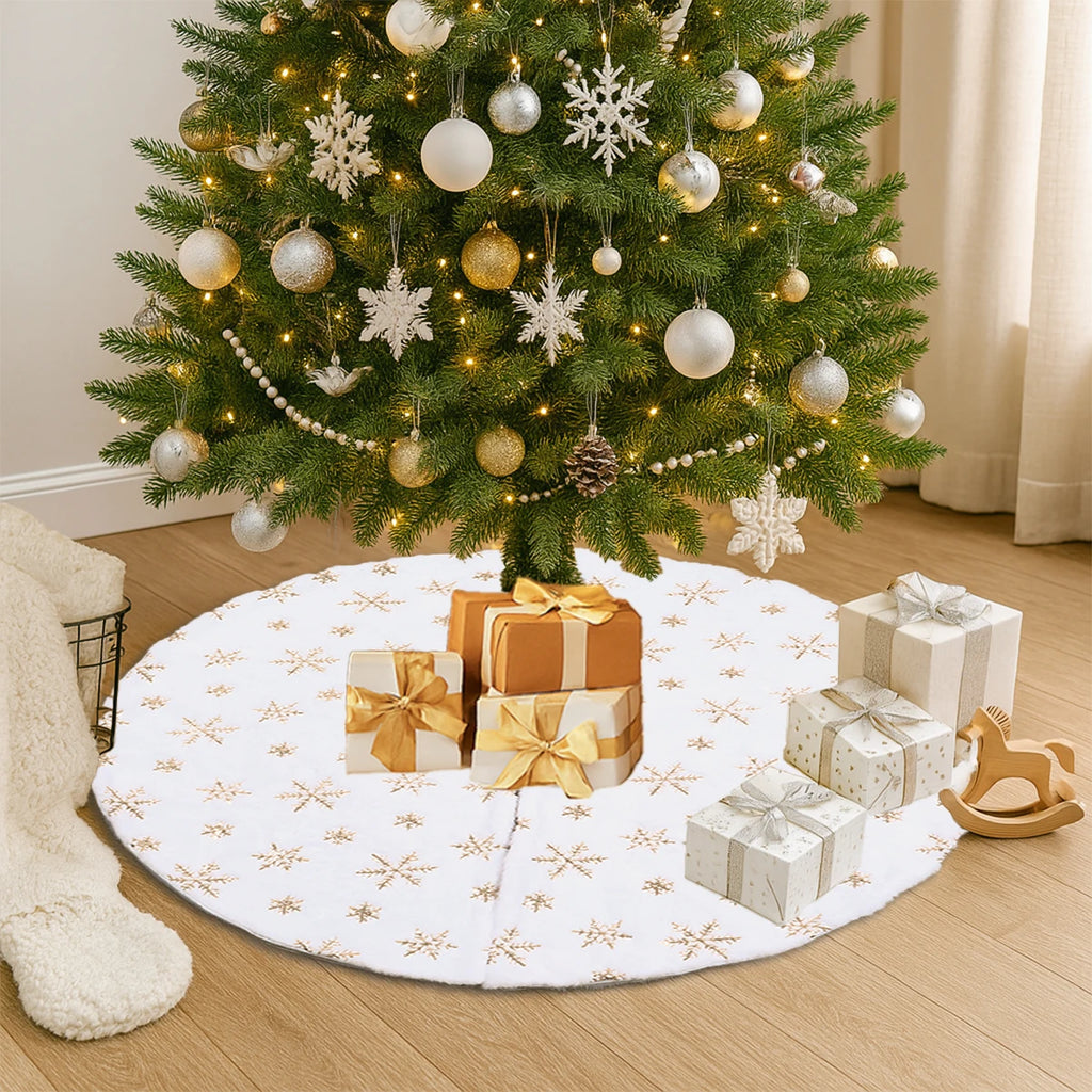 Jupe de Sapin de Noël 90cm - Flocons de Neige Blanc et Or