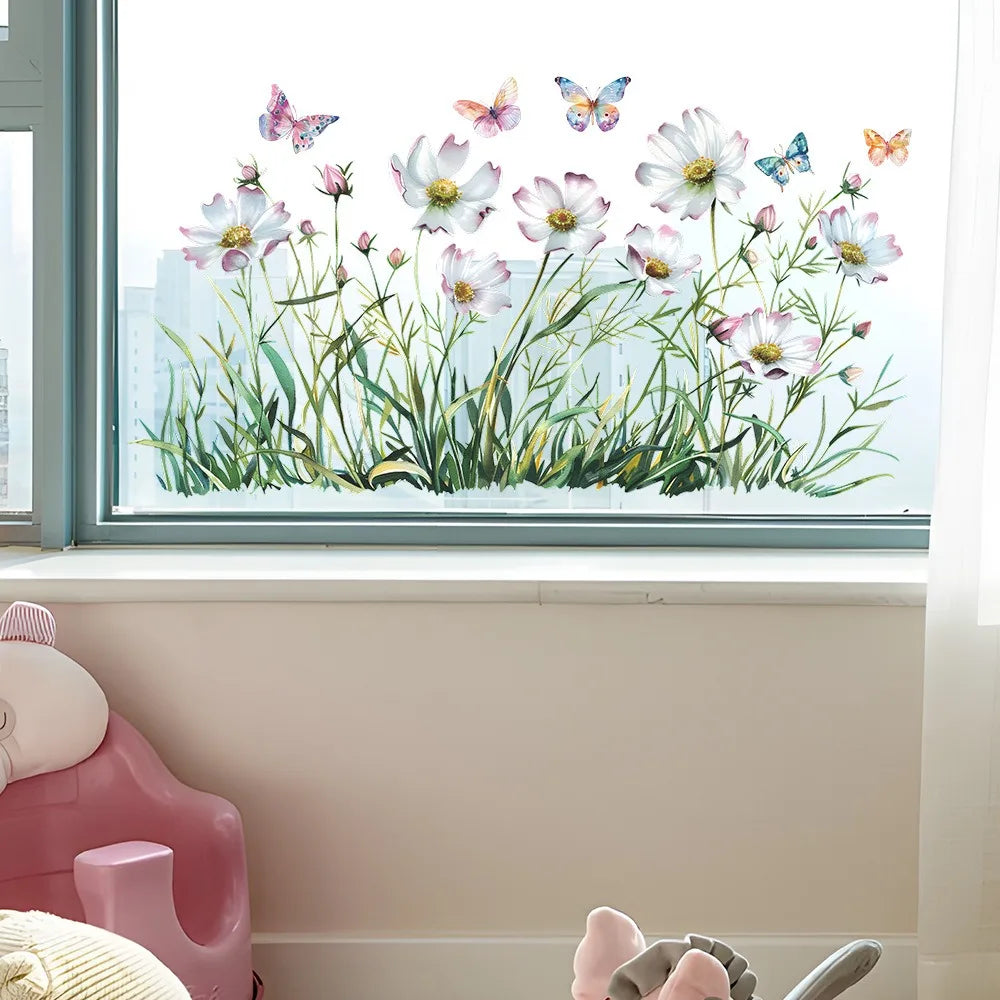 Autocollants Muraux Fleurs Marguerites et Papillons - Décor Chambre Salon