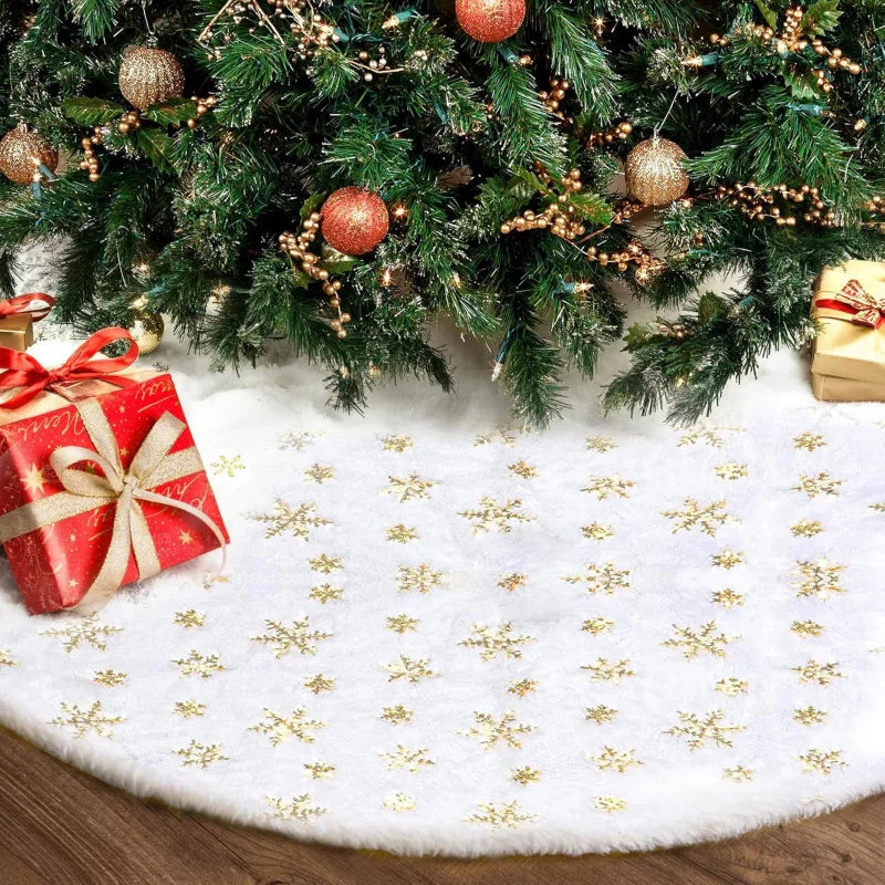 Jupe de Sapin de Noël 36 Pouces - Peluche Blanche avec Flocons Dorés Sequins