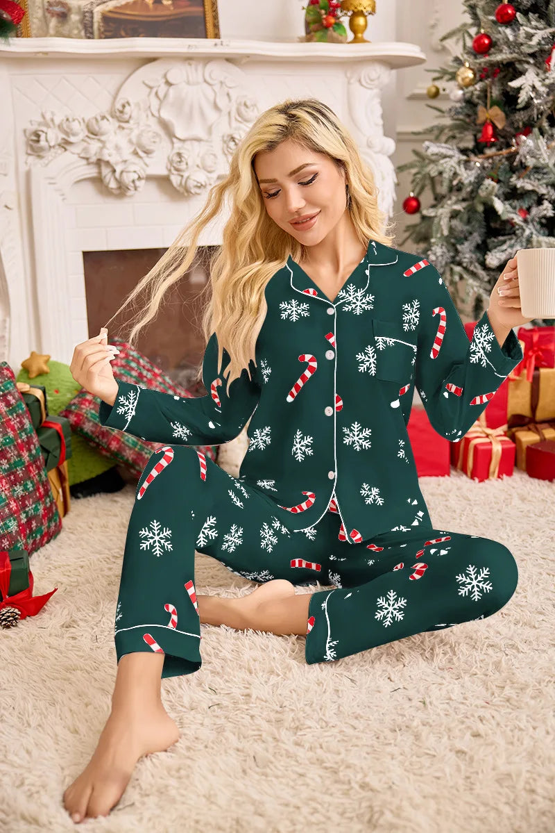 Pyjama de Noël familial pour femme - Ensemble 2 pièces - Motif floral festif