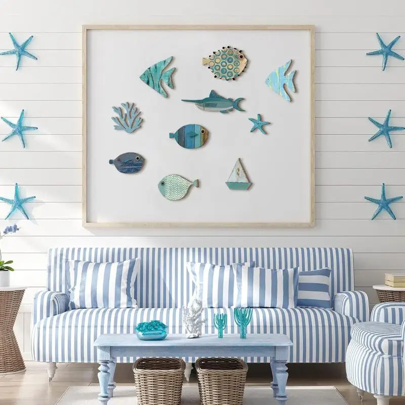 Set 10 Poissons Décoratifs en Bois - Décor Mural Thème Plage Nautique