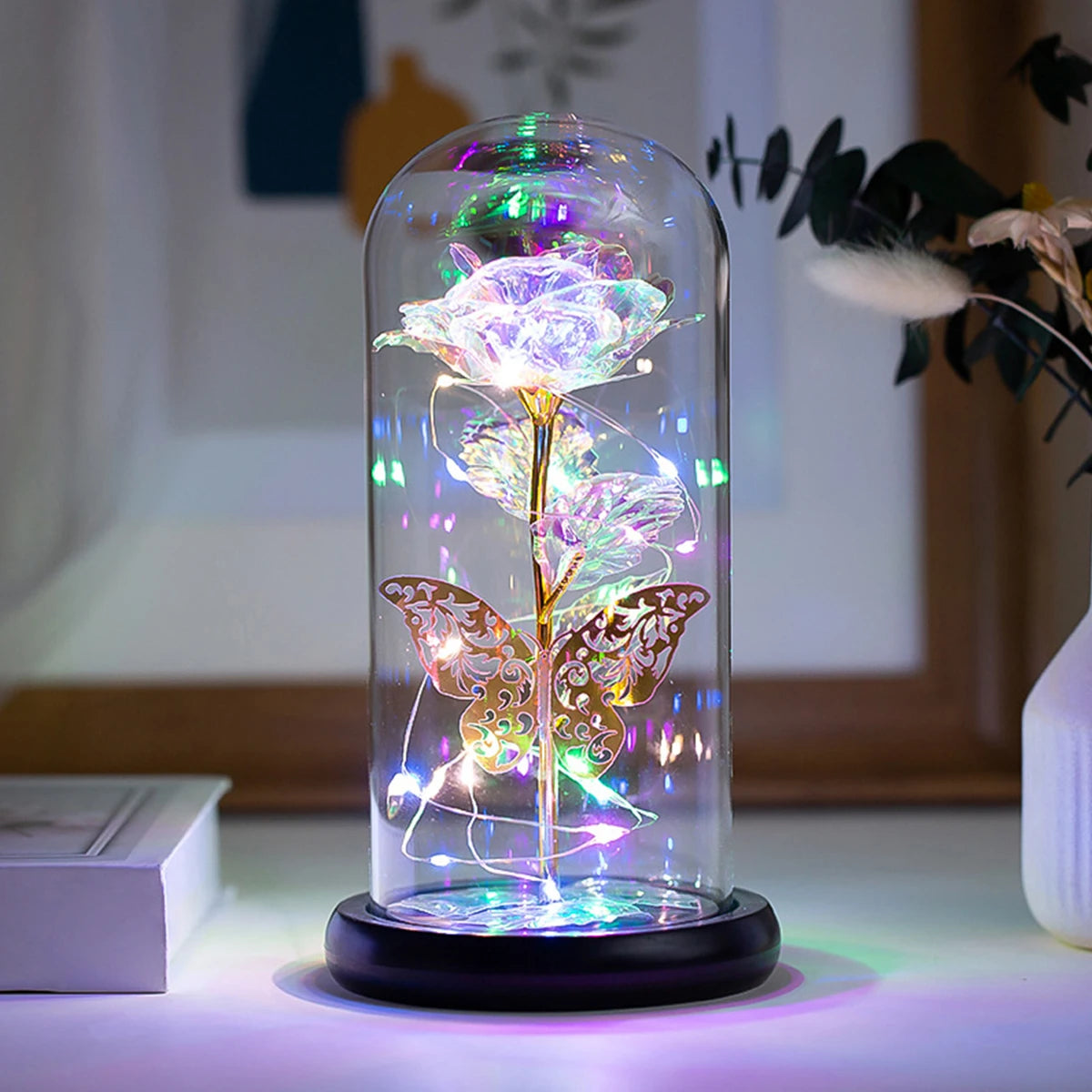 Rose Light Artificial Galaxy Rose Lamp with Butterfly and Colorful LED Rose Flowers In Glass Battery Powered Gifts for Wedding