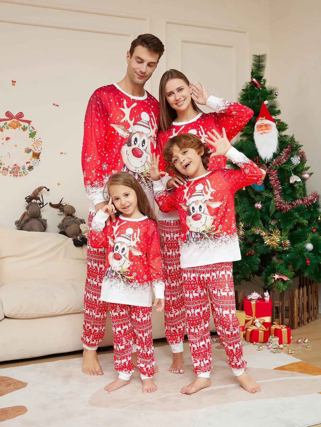 Pyjama de Noël Familial Renne - Ensemble Assorti Manches Longues pour Toute la Famille