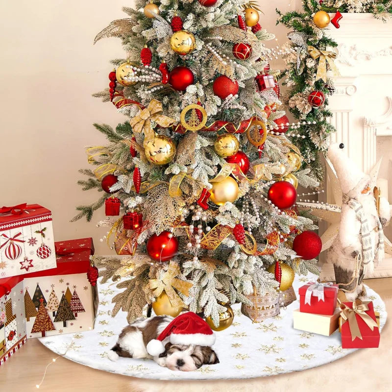 Jupe de Sapin de Noël 36 Pouces - Peluche Blanche avec Flocons Dorés Sequins