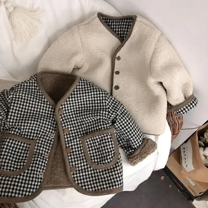 DGUKYM Autumn and Winter New Warm Jacket Children Two Sides Wear Plaid Plush Jacket Kids Jackets Winter Clothes for Girls