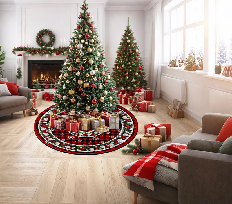 Jupe de Sapin Rustique à Carreaux Buffalo Rouge et Noir avec Ornements