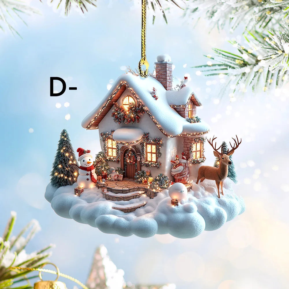 Christmas Acrylic Ornaments Castle Snow House Hanging Pendant Xmas Decoration For Home Christmas Party New Year Gift Navidad