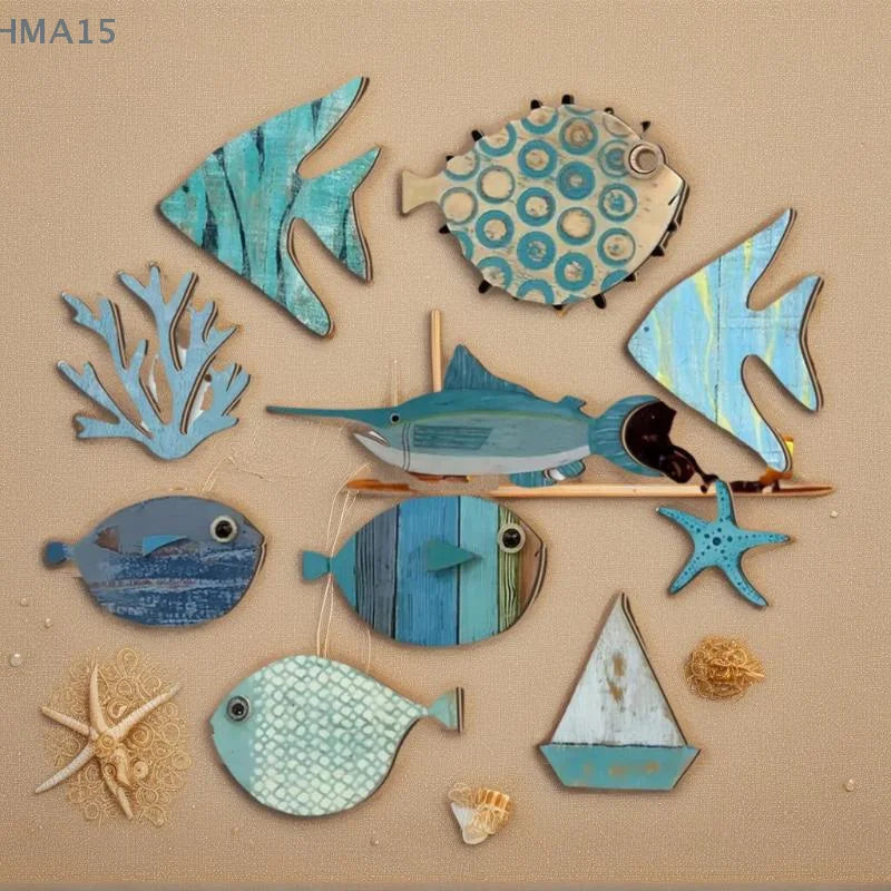 Set 10 Poissons Décoratifs en Bois - Décor Mural Thème Plage Nautique