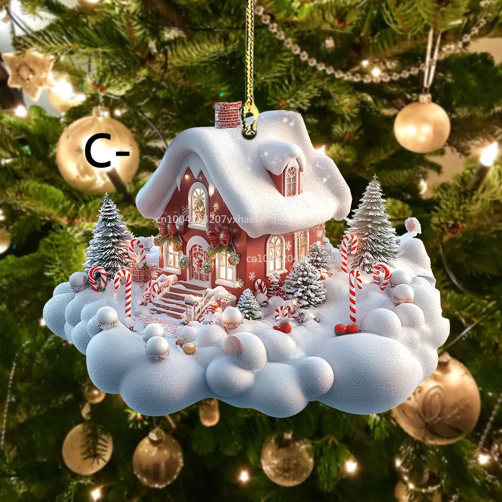Christmas Acrylic Ornaments Castle Snow House Hanging Pendant Xmas Decoration For Home Christmas Party New Year Gift Navidad