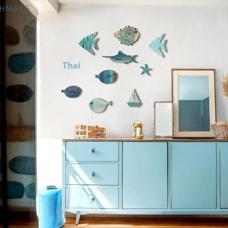 Set 10 Poissons Décoratifs en Bois - Décor Mural Thème Plage Nautique