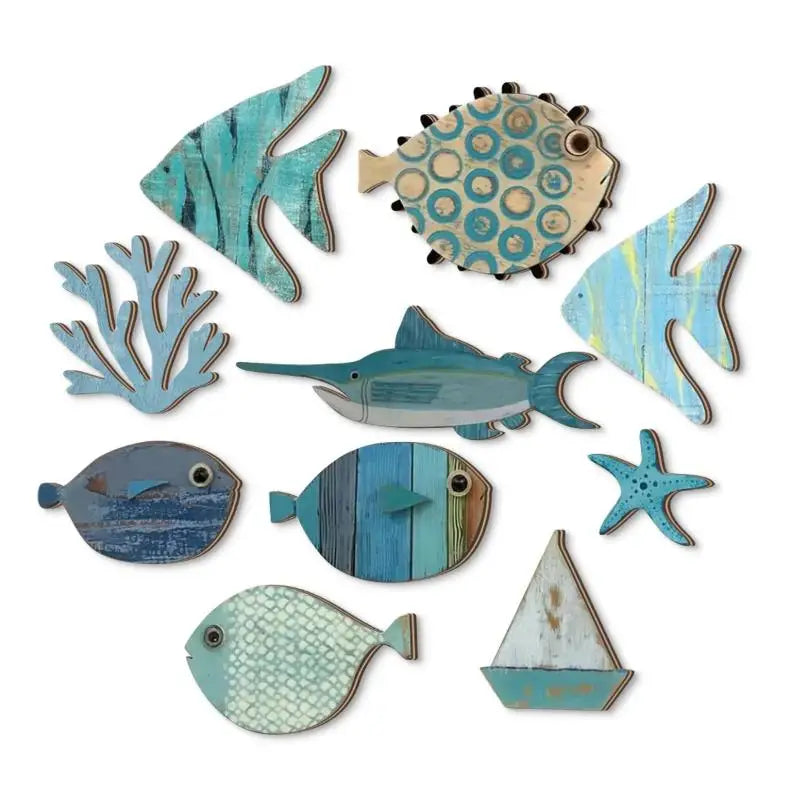 Set 10 Poissons Décoratifs en Bois - Décor Mural Thème Plage Nautique