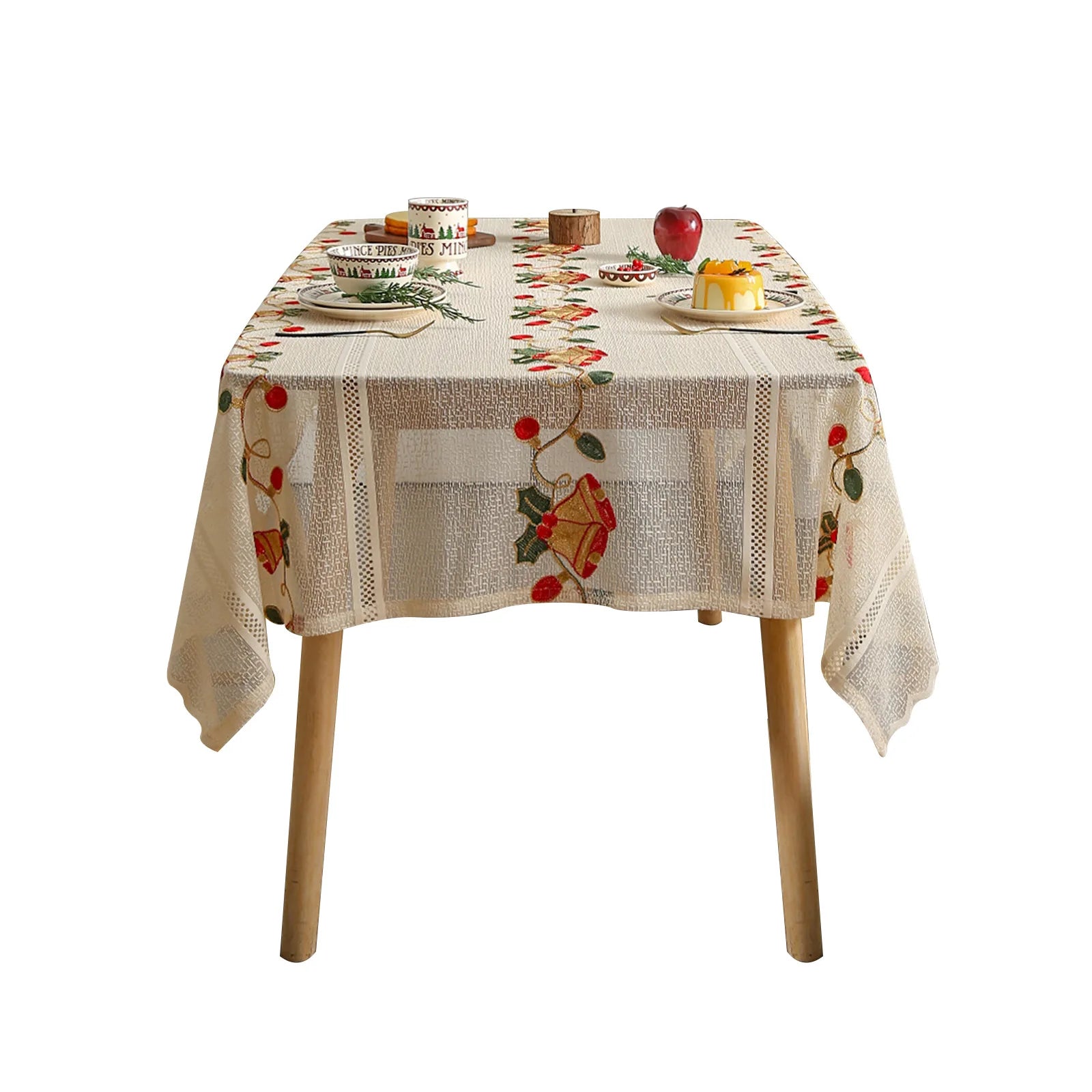 Nappe de Noël rectangulaire 140x200cm - Dentelle avec pompons - Tissu doux