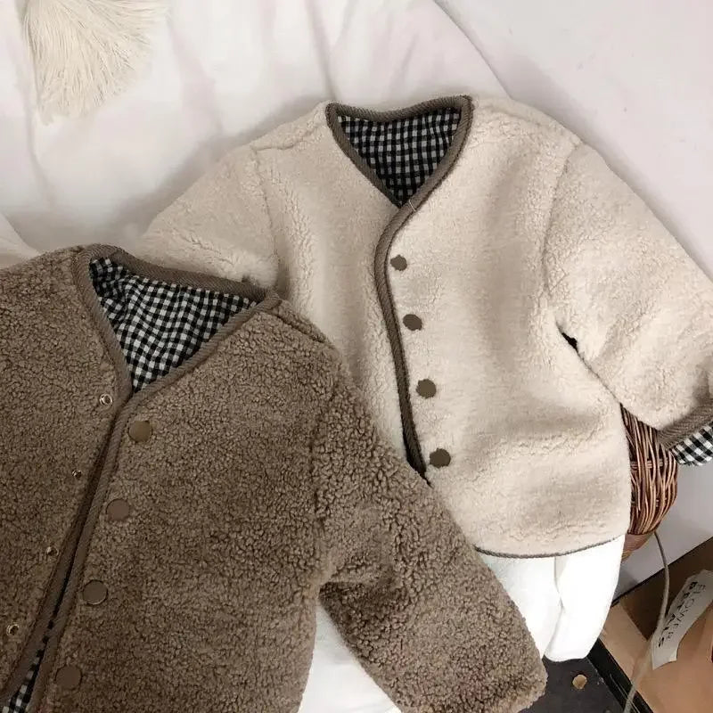 DGUKYM Autumn and Winter New Warm Jacket Children Two Sides Wear Plaid Plush Jacket Kids Jackets Winter Clothes for Girls