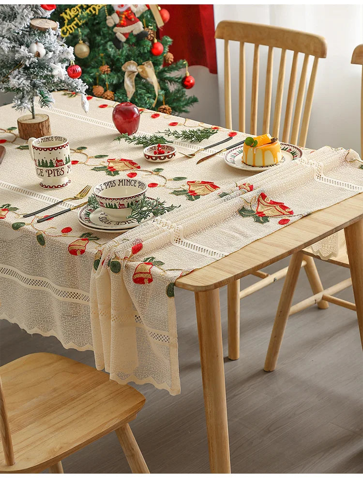 Nappe de Noël rectangulaire 140x200cm - Dentelle avec pompons - Tissu doux