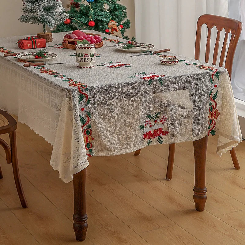 Nappe de Noël rectangulaire 140x200cm - Dentelle avec pompons - Tissu doux