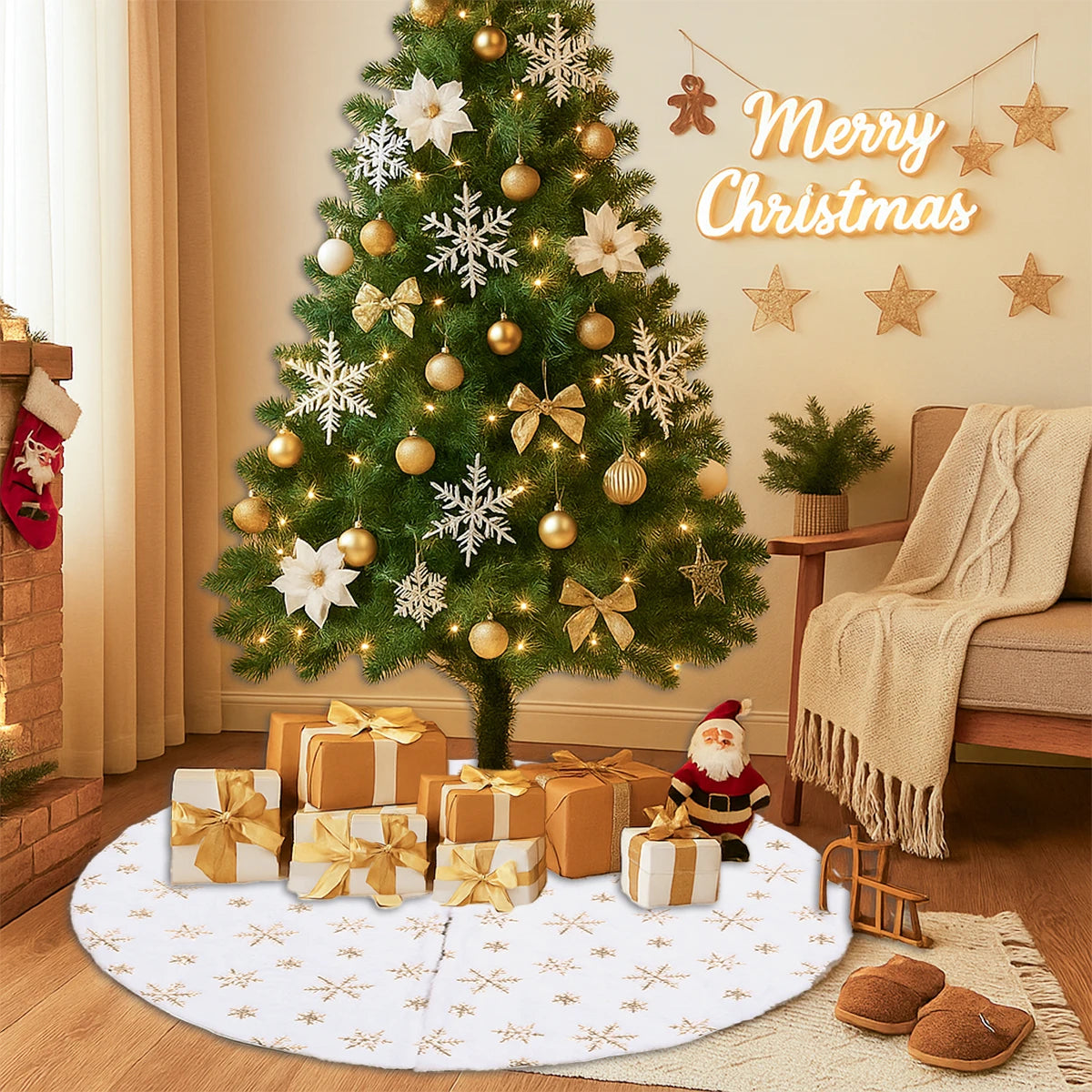 Jupe de Sapin de Noël 90cm - Flocons de Neige Blanc et Or