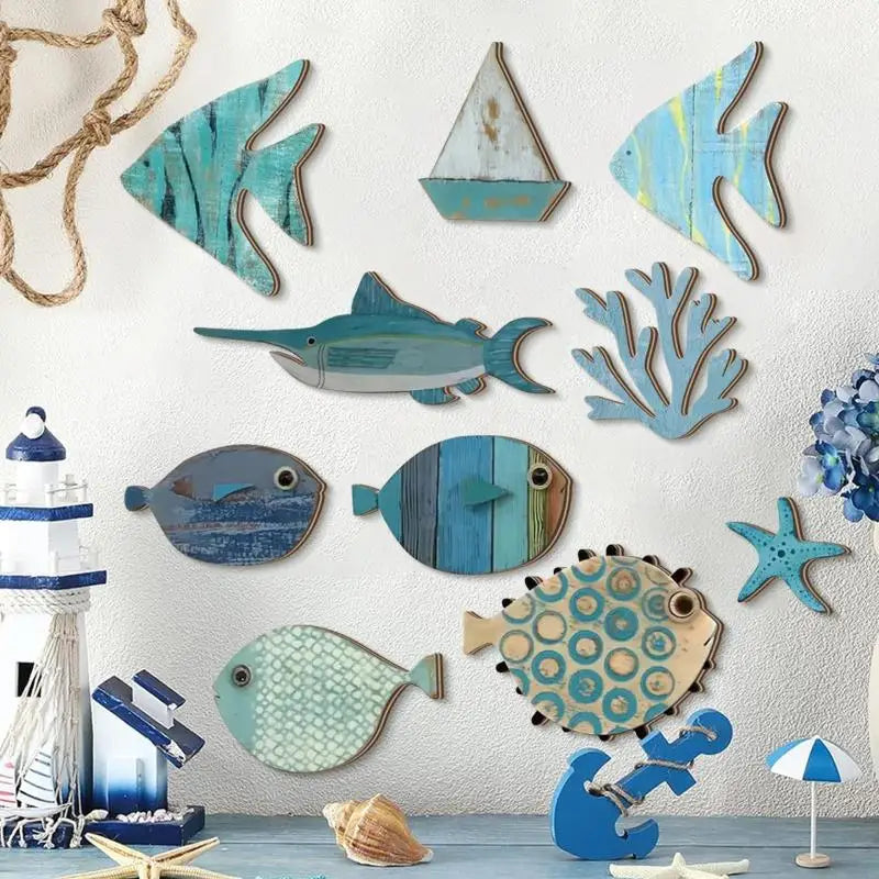 Set 10 Poissons Décoratifs en Bois - Décor Mural Thème Plage Nautique