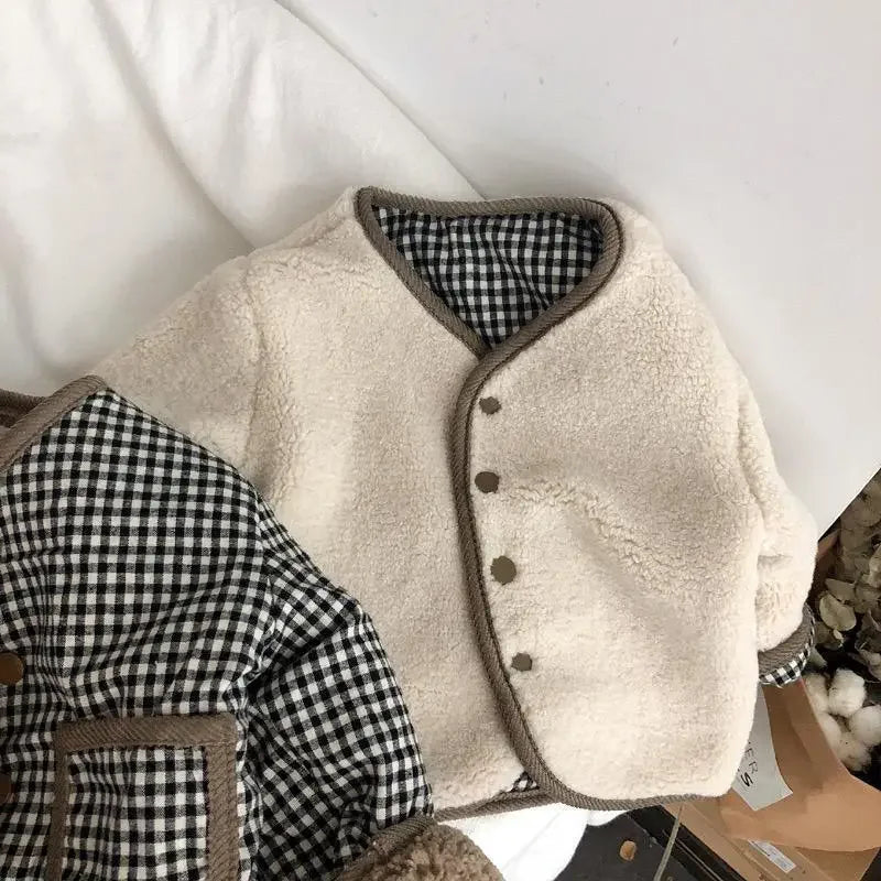 DGUKYM Autumn and Winter New Warm Jacket Children Two Sides Wear Plaid Plush Jacket Kids Jackets Winter Clothes for Girls