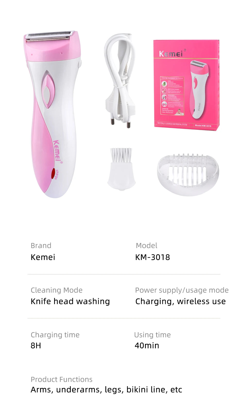 Rasoir Électrique Kemei KM-3018 - Épilateur Rechargeable Corps Complet Femme