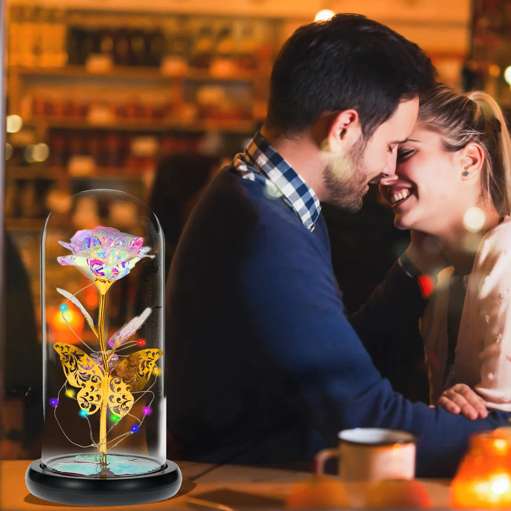 Rose Light Artificial Galaxy Rose Lamp with Butterfly and Colorful LED Rose Flowers In Glass Battery Powered Gifts for Wedding