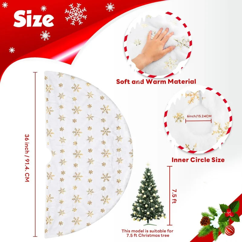 Jupe de Sapin de Noël 36 Pouces - Peluche Blanche avec Flocons Dorés Sequins