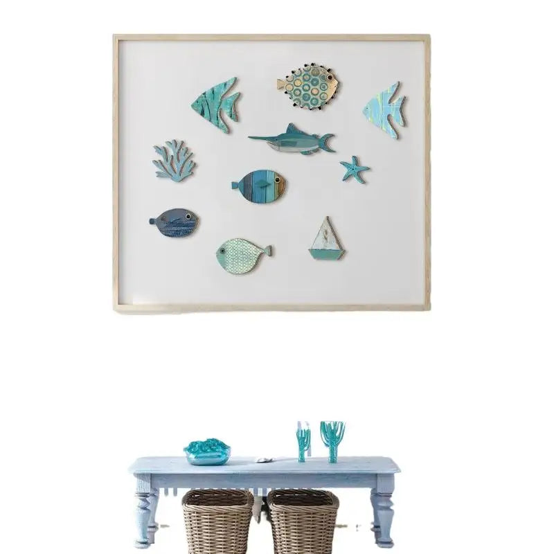 Set 10 Poissons Décoratifs en Bois - Décor Mural Thème Plage Nautique