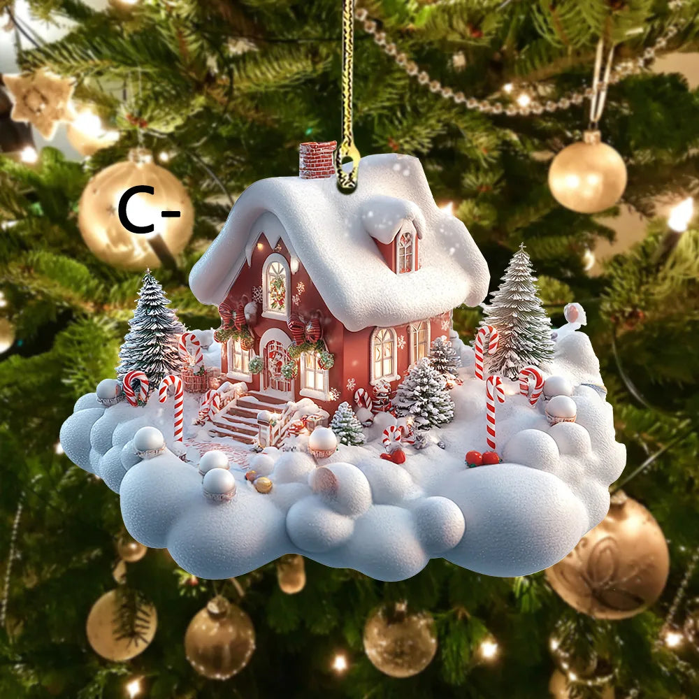 Christmas Acrylic Ornaments Castle Snow House Hanging Pendant Xmas Decoration For Home Christmas Party New Year Gift Navidad