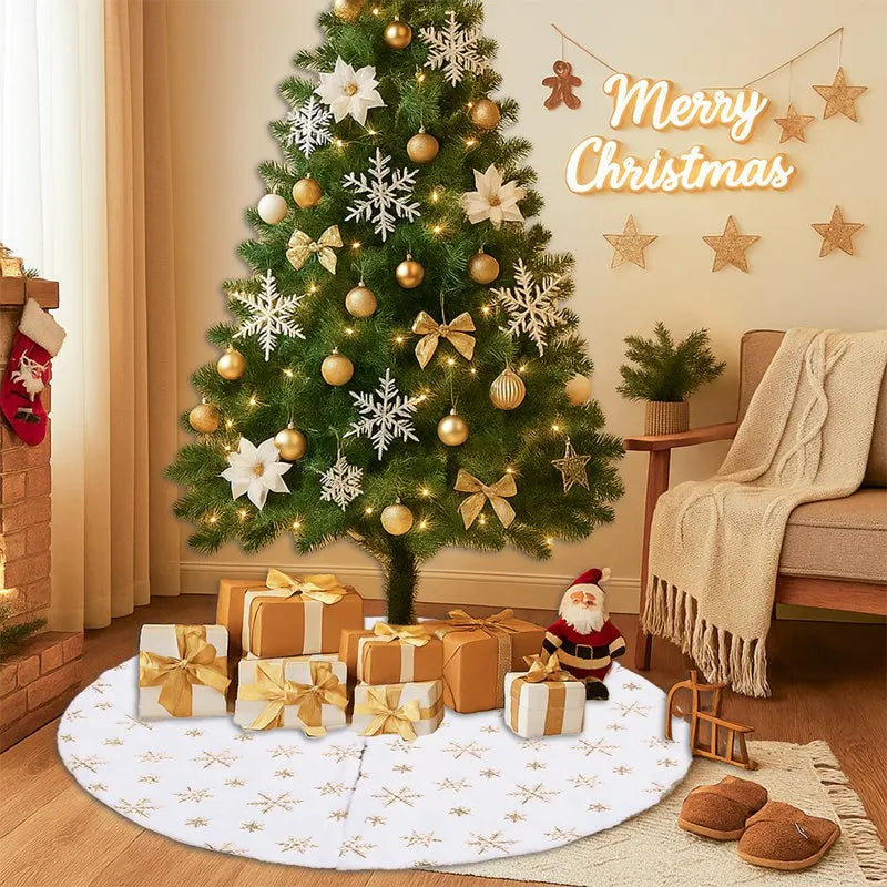 Jupe de Sapin de Noël 90cm - Flocons de Neige Blanc et Or
