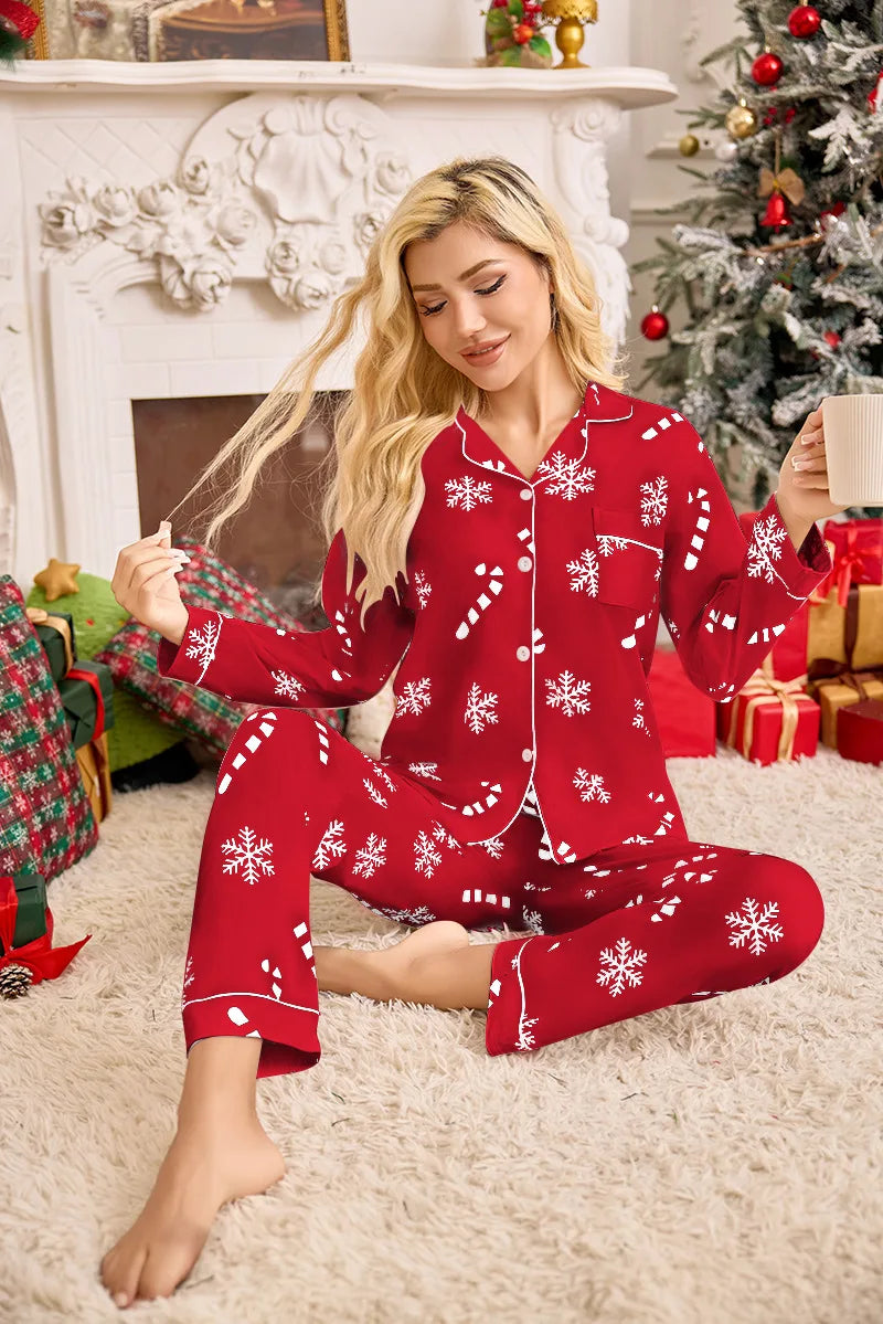 Pyjama de Noël familial pour femme - Ensemble 2 pièces - Motif floral festif