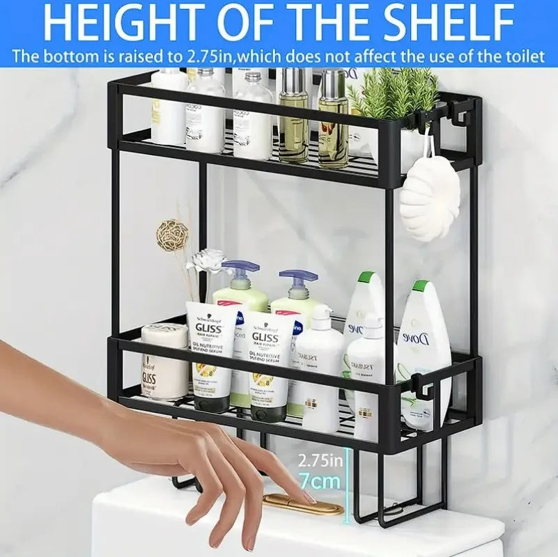 2-Tier Over Toilet Storage Shelf - Wall Mounted with Hooks  Paper Holder, Bathroom Space Saver Organizer for Home,Black