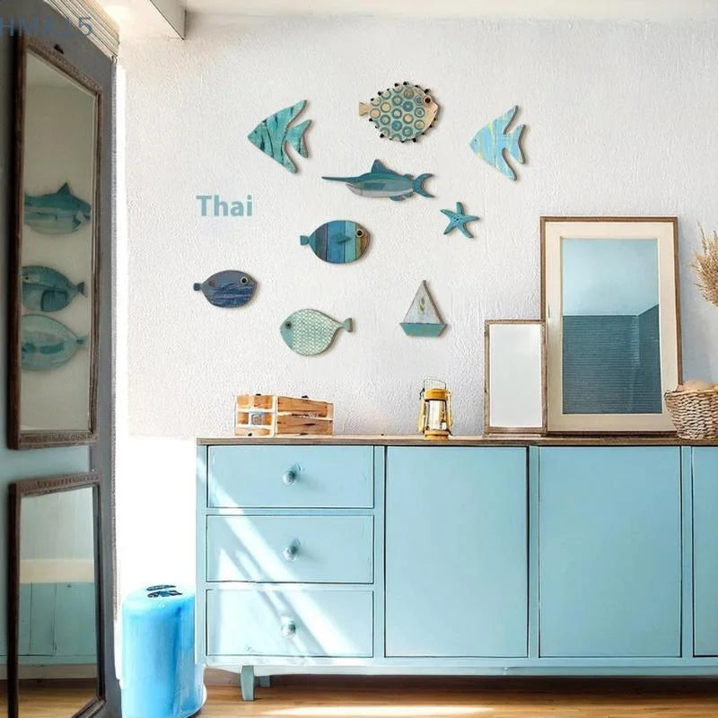 Set 10 Poissons Décoratifs en Bois - Décor Mural Thème Plage Nautique