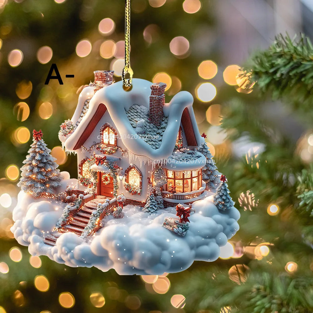Christmas Acrylic Ornaments Castle Snow House Hanging Pendant Xmas Decoration For Home Christmas Party New Year Gift Navidad