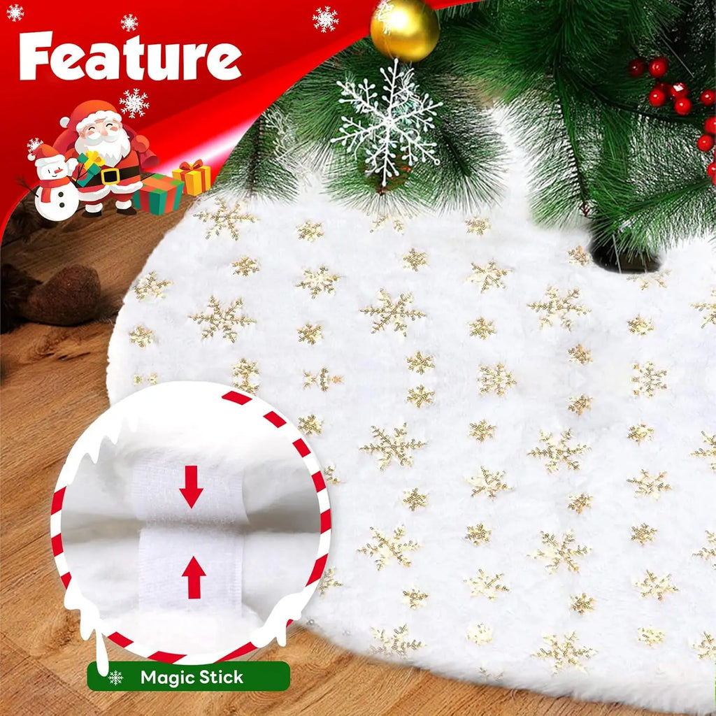Jupe de Sapin de Noël 36 Pouces - Peluche Blanche avec Flocons Dorés Sequins