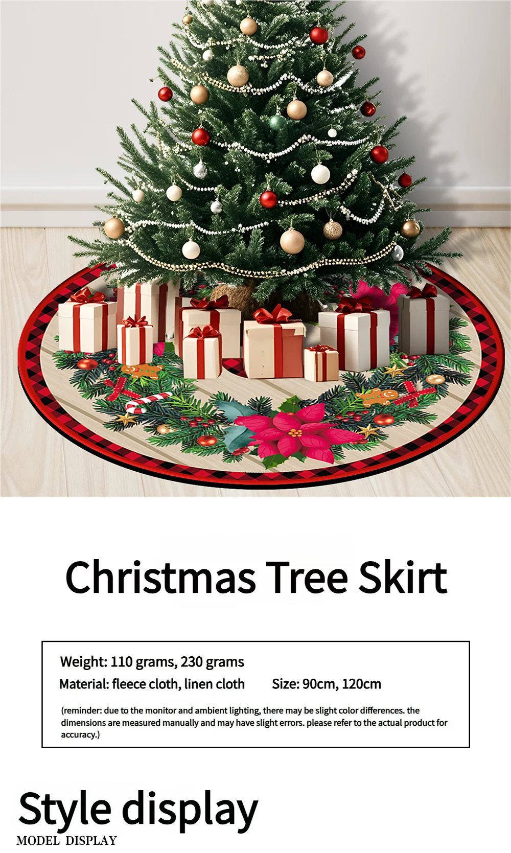 Jupe de Sapin Rustique à Carreaux Buffalo Rouge et Noir avec Ornements