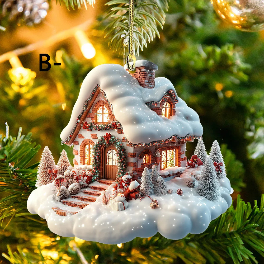 Christmas Acrylic Ornaments Castle Snow House Hanging Pendant Xmas Decoration For Home Christmas Party New Year Gift Navidad