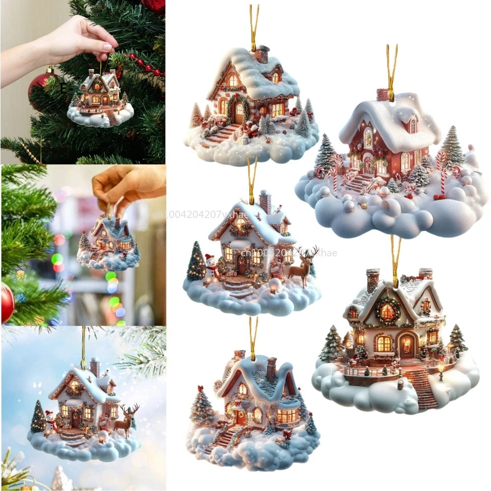 Christmas Acrylic Ornaments Castle Snow House Hanging Pendant Xmas Decoration For Home Christmas Party New Year Gift Navidad
