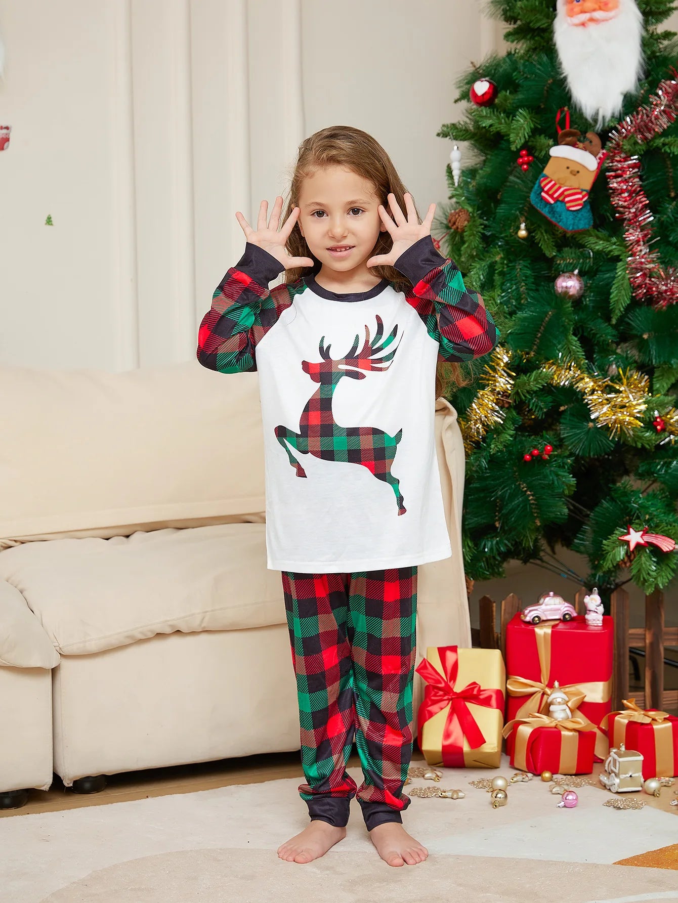 Pyjama de Noël Familial Cerf - Ensemble Adulte Enfant avec Barboteuse Bébé