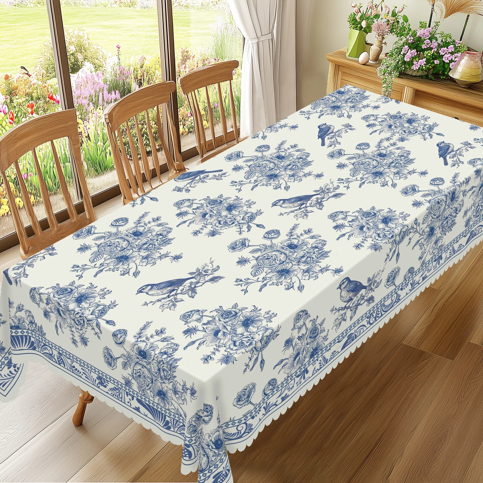 1 Piece of Vintage Floral-Themed Tablecloth, Featuring a Blue and White Porcelain Style Print with Floral and Bird Patterns, Available in Various Sizes, Suitable for Daily Home and Kitchen Decoration, Tablecloth for Birthday,