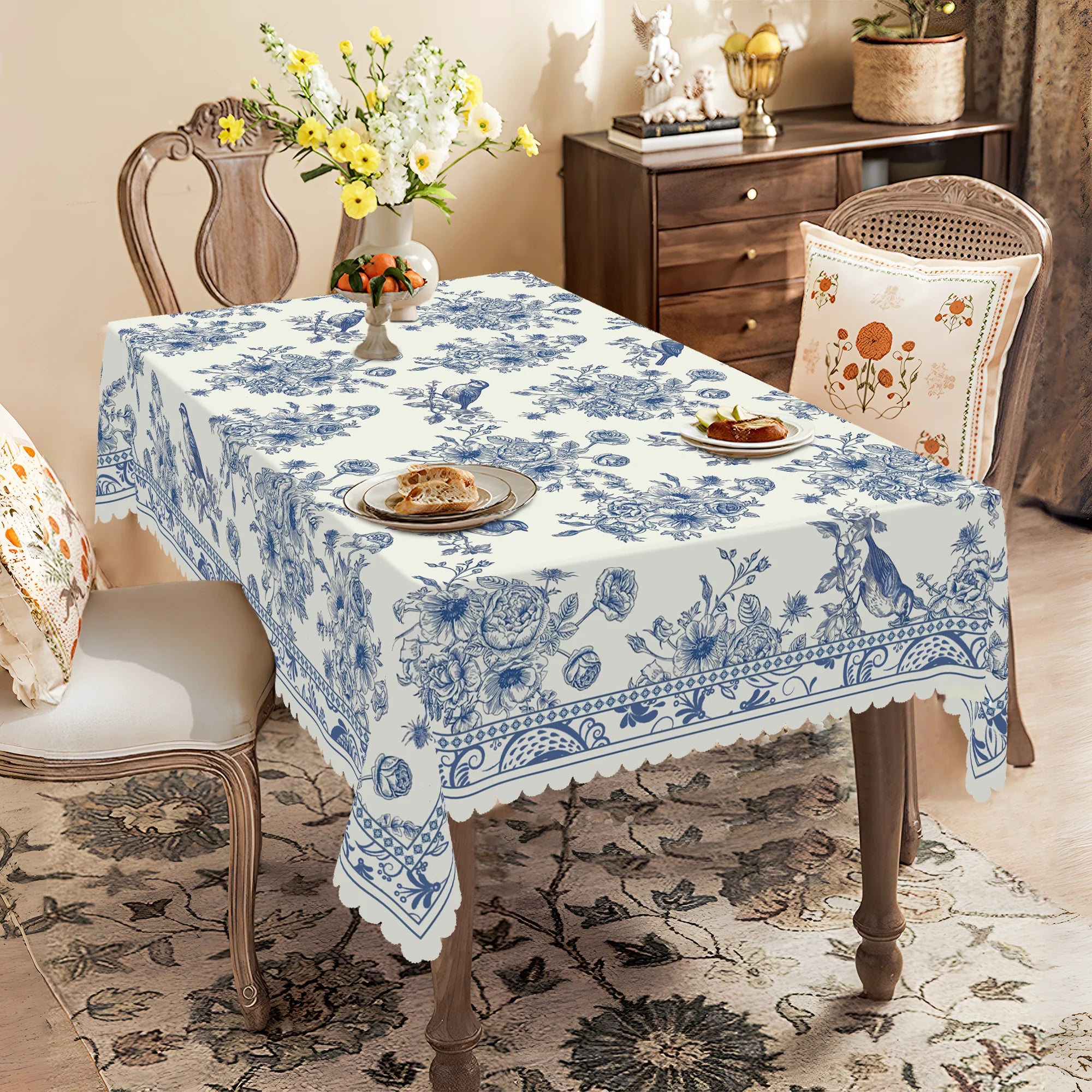 1 Piece of Vintage Floral-Themed Tablecloth, Featuring a Blue and White Porcelain Style Print with Floral and Bird Patterns, Available in Various Sizes, Suitable for Daily Home and Kitchen Decoration, Tablecloth for Birthday,